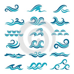 Silhouette of stylized vector blue waves isolate on white