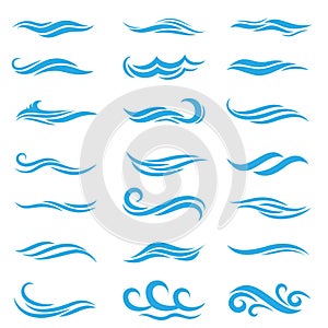 Silhouette of stylized vector blue waves isolate on white. Wave ocean and water curve splash and ripple illustration.