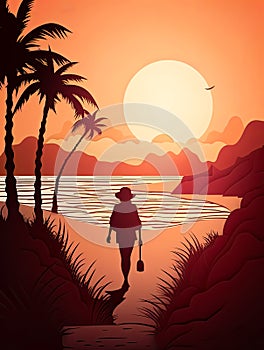 Silhouette sunset shot of traveler walking on a beach ocean for poster and banner