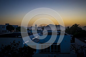 Silhouette sunset view on the village of Teguise on the Canary Island of Lanzarote