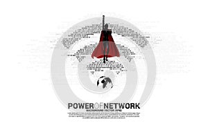 silhouette of superhero fly with world with wi-fi mobile data icon with one and zero binary code matrix.