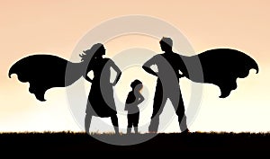 Silhouette of Superhero Mother and Father with Small Child