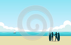 Silhouette surfer on beach at noon with blue color sky in flat icon design background