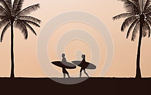 Silhouette couple surfer carrying surfboard on beach under sunset sky background in flat icon design