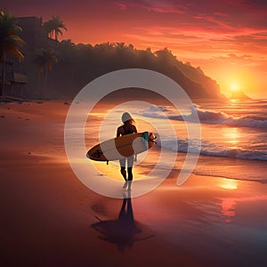 Silhouette of surfer girl with surfboard on a beach at sunset or sunrise. Surfer and ocean. Digital illustration