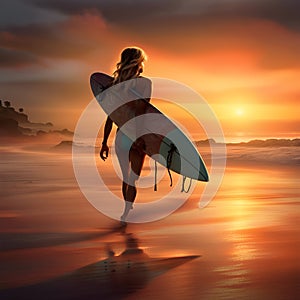 Silhouette of surfer girl with surfboard on a beach at sunset or sunrise. Surfer and ocean. Digital illustration