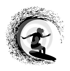 Silhouette of the surfer on an ocean wave in style grunge