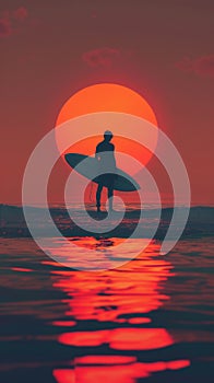 Silhouette of a surfer standing at the water& x27;s edge with a surfboard at sunset