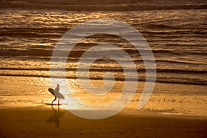 Silhouette of a surfer at sunset on the atlantic ocean, Lacanau France