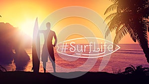 Silhouette of a surfer on a tropical beach.