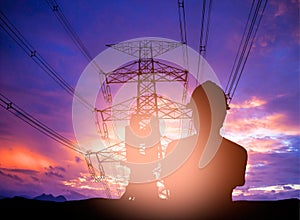 Silhouette survey engineer working in a building site over Blur