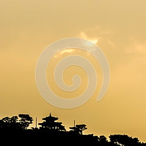 Silhouette Suwon Hwaseong Fortress at sunset, South Korea. Traditional korean background