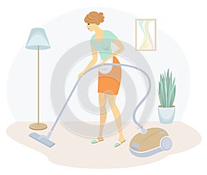 Silhouette of a sweet lady. The girl is cleaning the apartment, vacuuming the floor with a vacuum cleaner. The woman is a neat