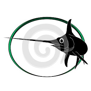 A silhouette of a swordfish in a green circle design