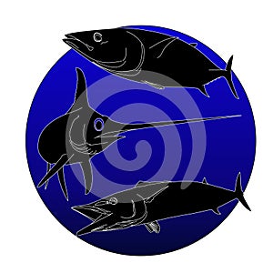 A silhouette of a swordfish , wahoo and tuna in a blue circle