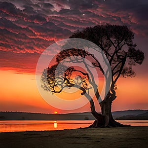 Silhouette of a tree by a lake at sunset