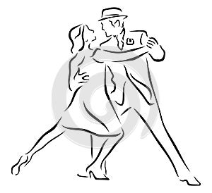 Silhouette of tango dancers over white background