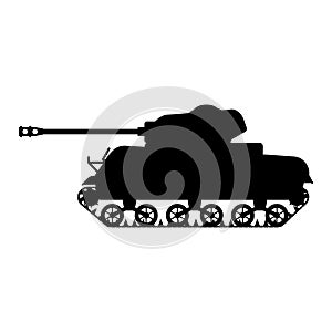 Silhouette Tank American World War 2 M4 Sherman medium tank icon. Military army machine war, weapon, battle symbol side