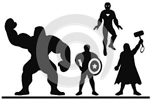 Silhouette of a team of superheroes on a white background.
