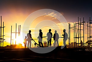 Silhouette of teamwork construction crew, building construction worker working togetherat site