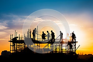 Silhouette of teamwork construction crew, building construction worker working togetherat site