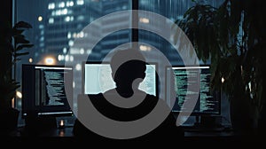 Tech entrepreneur working late in a modern office with multiple screens AI generated