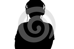 Silhouette of teenager listening to music in headphones, male folded his arms on the chest on white isolated background