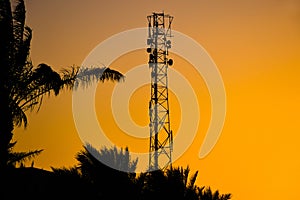 Silhouette of telecommunication antenna cellular tower for mobile signal network