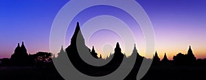 Silhouette temples of bagan at sunset, Myanmar