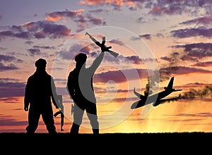 Silhouette of terrorists and blow up the plane