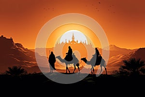 Silhouette of three biblical wise men going to Bethlehem to see the birth of the baby Jesus Christ. Generative AI