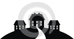Silhouette of three houses with a path to the entrance. Vector black icon.
