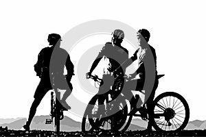 Silhouette of three male bicyclist on their mountain bikes having a rest