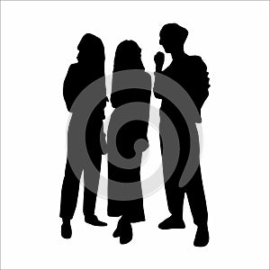 silhouette of three people singing on stage, on a white background