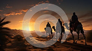 Silhouette of Three wise men riding a camel along the star path. To meet Jesus at first birth.