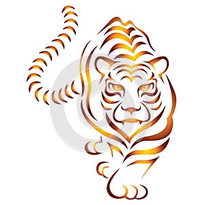 Silhouette of a tiger, painted in yellow-brown, painted with zigzag lines. Logo animal tiger
