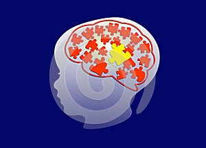 Silhouette a toddler child`s head with brain, jigsaws puzzles  inside the brain. Growth up idea states of mind and brain de