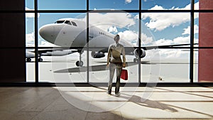 Silhouette of a tourist girl watching the plane, standing at the airport window at sunrise. 3D Rendering