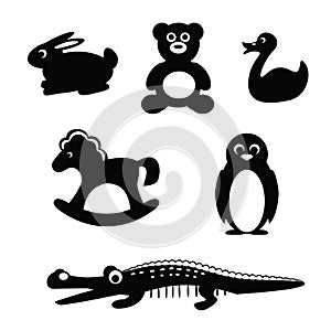 Silhouette of toy animals. Vector illustration of rabbit, bear, duck and penguin solated on white