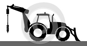 Silhouette of a tractor with a drilling rig.