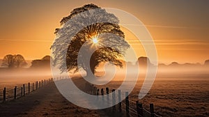 Silhouette of Tranquility, The Majestic Tree, Fog, and Sunset Over the Field. Generative AI