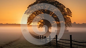 Silhouette of Tranquility, The Majestic Tree, Fog, and Sunset Over the Field. Generative AI