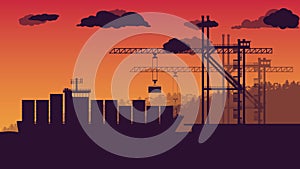 silhouette Transport cargo sea ship loading containers and harbor crane at port on orange gradient background