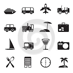 Silhouette Travel, transportation, tourism and holiday icons