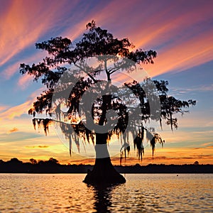 Silhouette of a tree against a colorful sunset sky in Cypress Swamps, USA