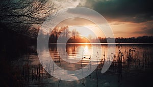 Silhouette of tree, back lit by sunset generated by AI