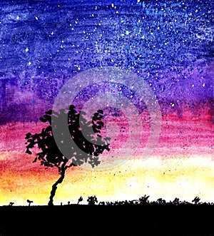 Silhouette of a tree on a background of the sunset sky in watercolor.