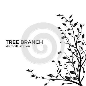 Silhouette tree branch with a lot of leaves. Bush silhouette isolated on white background. Decoration design element. Vector