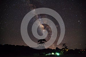 Silhouette of Tree with cloud and Milky Way. Long exposure photo