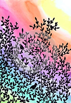 Silhouette of the tree crown against the background of the colored sky. Children`s drawing